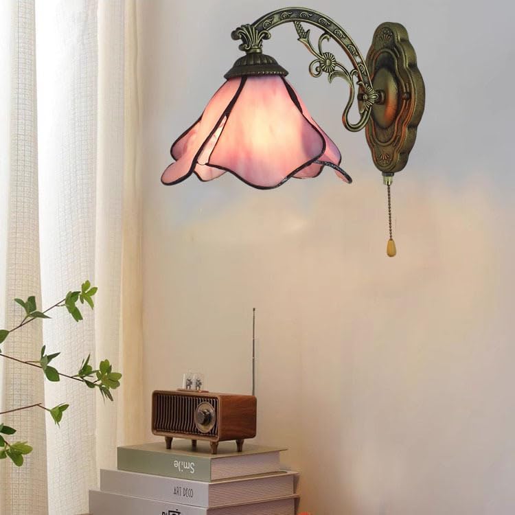Solid Color Blue Pink Stained Glass Wall Sconce Lamp with Pull Chain Switch, Tiffany Style Vintage Wall Light for Bathroom Vanity Bedroom Bedside Reading Hallway Garage,Pink