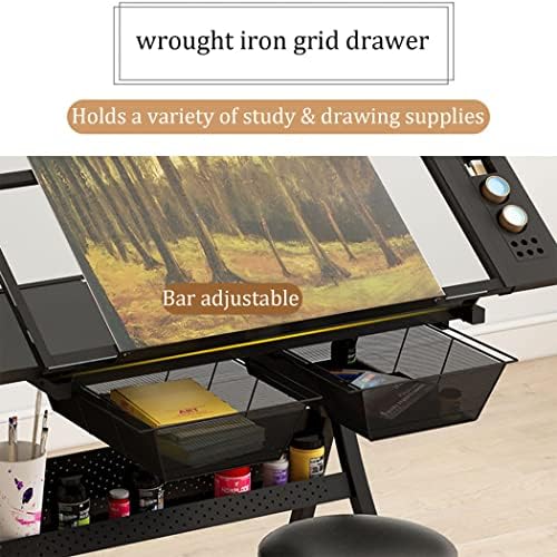Drawing Tilting Tablet,Drafting Desk, Drafting Table for Artists, Height Adjustable Glass Writing Desk with Stool, Tiltable Drawing Table Craft/Art Desk, 2 Storage Drawer, P