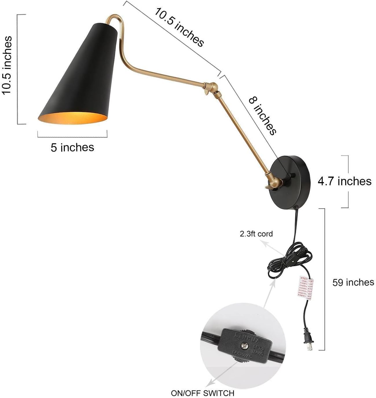 KSANA Modern Swing Arm Wall Lamp, Plug in or Hardwired Wall Sconces Lighting, Black and Gold Adjustable Light Fixture with On/Off Switch for Bedroom, Kitchen and Living Room