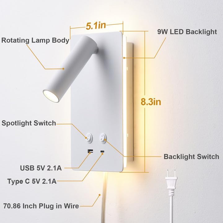 MOLUOLA LED Wall Lamp Wall Mounted Reading Lights, Adjustable Headboard Plug in Wall Sconce with USB C+A Ports, Headboard Bedside Lamp with 9W+3W Night Light 3000K (White)