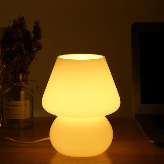 BSOD Mushroom lamp,Glass Mushroom Bedside Table Lamp Translucent Murano Vintage Style Striped Small Nightstand Desklamp Swirl Light for Home Decor, Dining, Living, Bedroom, Gift (Matte White)