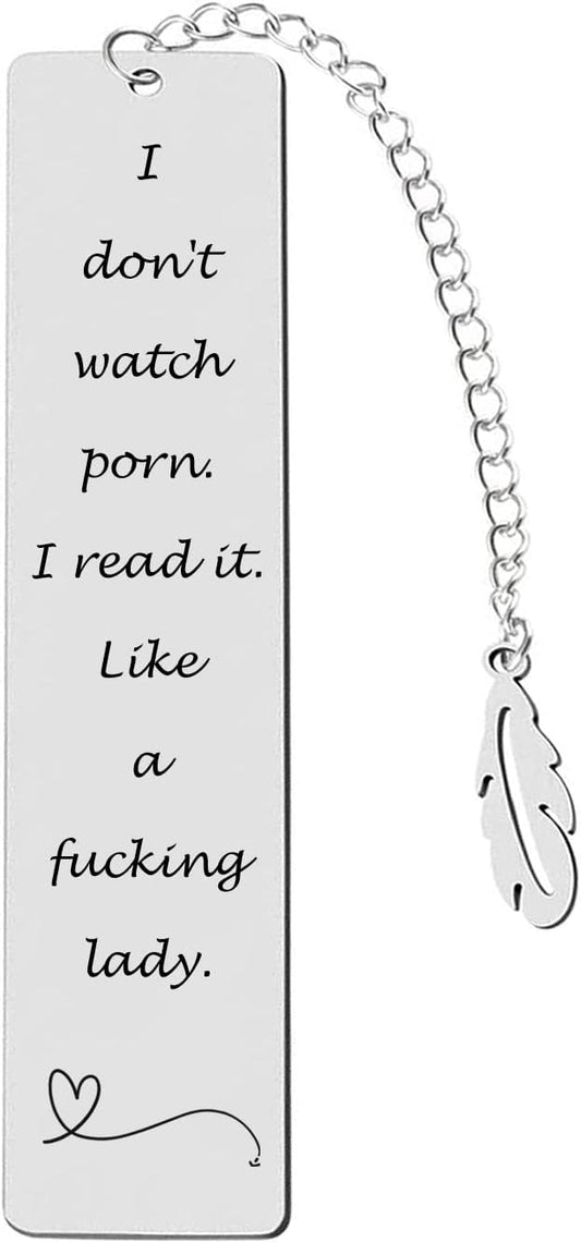 Metal Bookmark Gift, 'I Don't Watch Porn. I Read it Like a Fking Lady' Stainless Steel Leaf Pendant Book Mark with Box for Women, Men, Friends, Teacher, Classmate, Book Lovers
