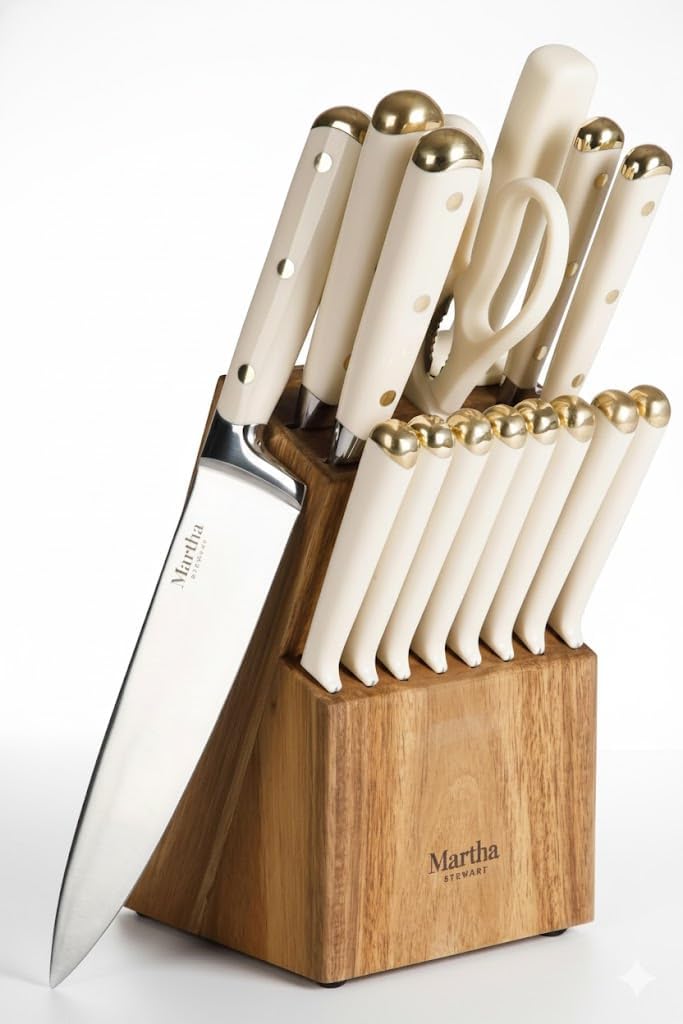 Martha Stewart 16 Piece Lockton High Carbon Stainless Steel Cutlery Kitchen Knife Block Set W/ABS Triple Riveted Forged Handle Acacia Wood Block - Linen White W/Gold