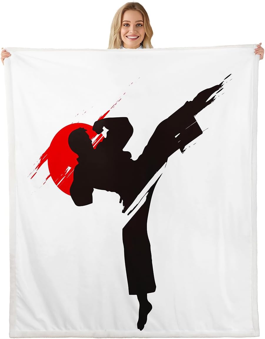 Japanese Style Sherpa Blanket Taekwondo Design Fleece Throw Blanket Black White Red Warm Plush Blanket for Sofa Couch Kids Japanese Sports Fuzzy Blanket Room Decor Throw 50"x60"