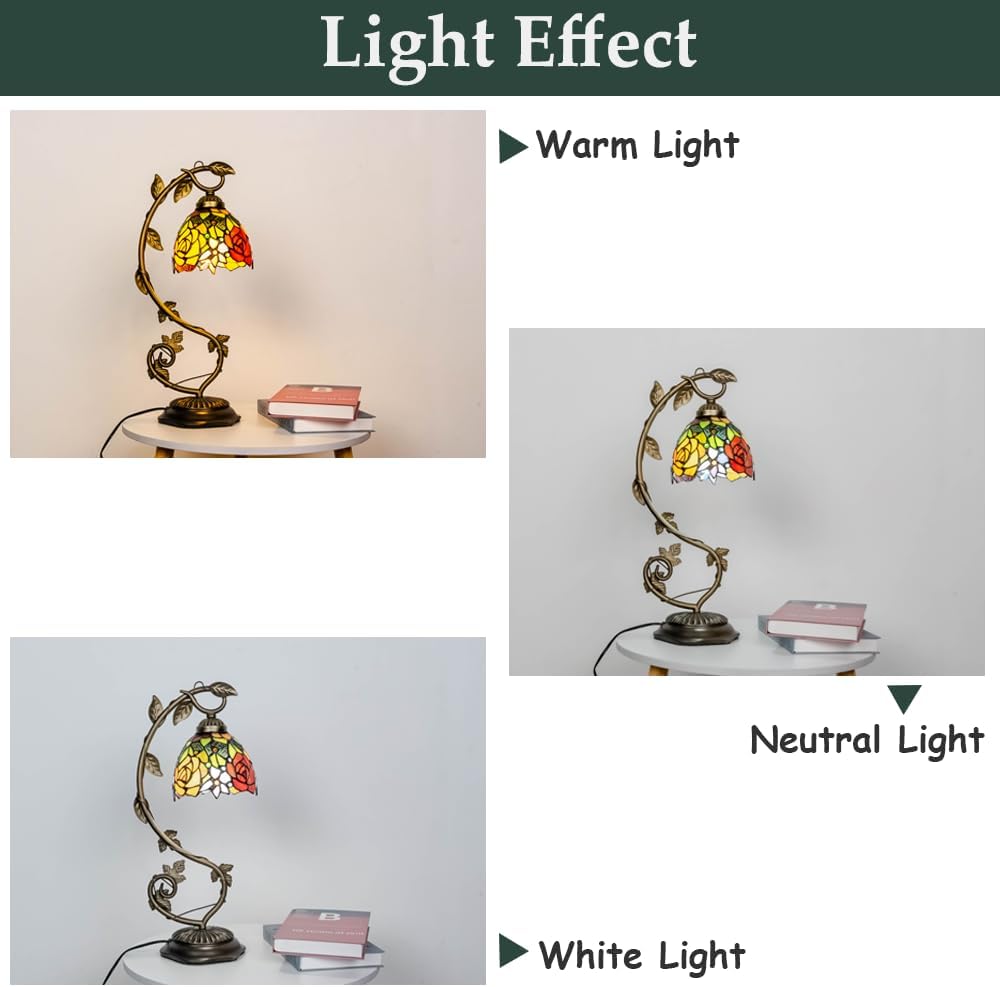 Skyblaze Tiffany Style Table Lamp with Metal Leaf, Stained Glass Desk Lamp, Vintage Night Light, Art Deco Reading Light with Handmade Lampshade for Nightstand Living Room (Rose)
