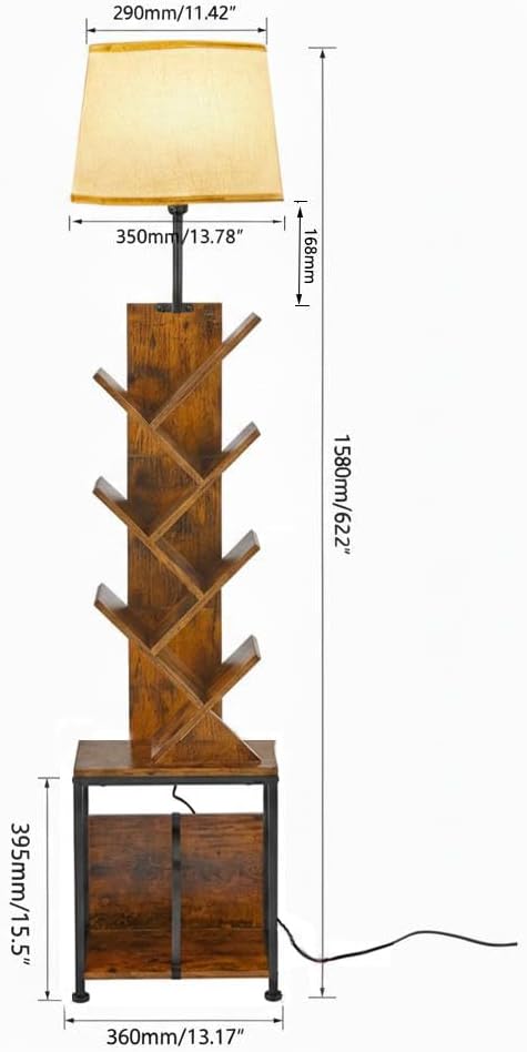 3in1 Tree Bookshelf Floor Lamp W/ Storage Cabinet, 62" Tall Reading Light with Unique Oval Fabric Shade & 8-Tier Book Organizer, Modern Standing Lamp for Living Room, Bedroom, Office (Rustic Brown)