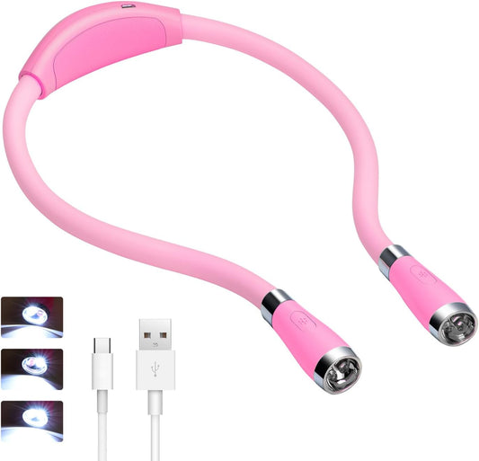 LED Neck Book Light, USB-C Rechargeable, Hands Free, 4 Super Bright LED Bulbs, 3 Adjustable Brightness, Best for Reading in Bed, Knitting, Walking, Jogging, Mending in Night (Pink)