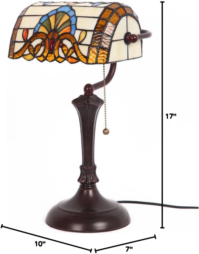 Bieye L10516 Baroque Tiffany Style Stained Glass Banker Table Lamp with 10-inch Wide Lampshade for Working Reading, Table Lamp, 17 inch Tall