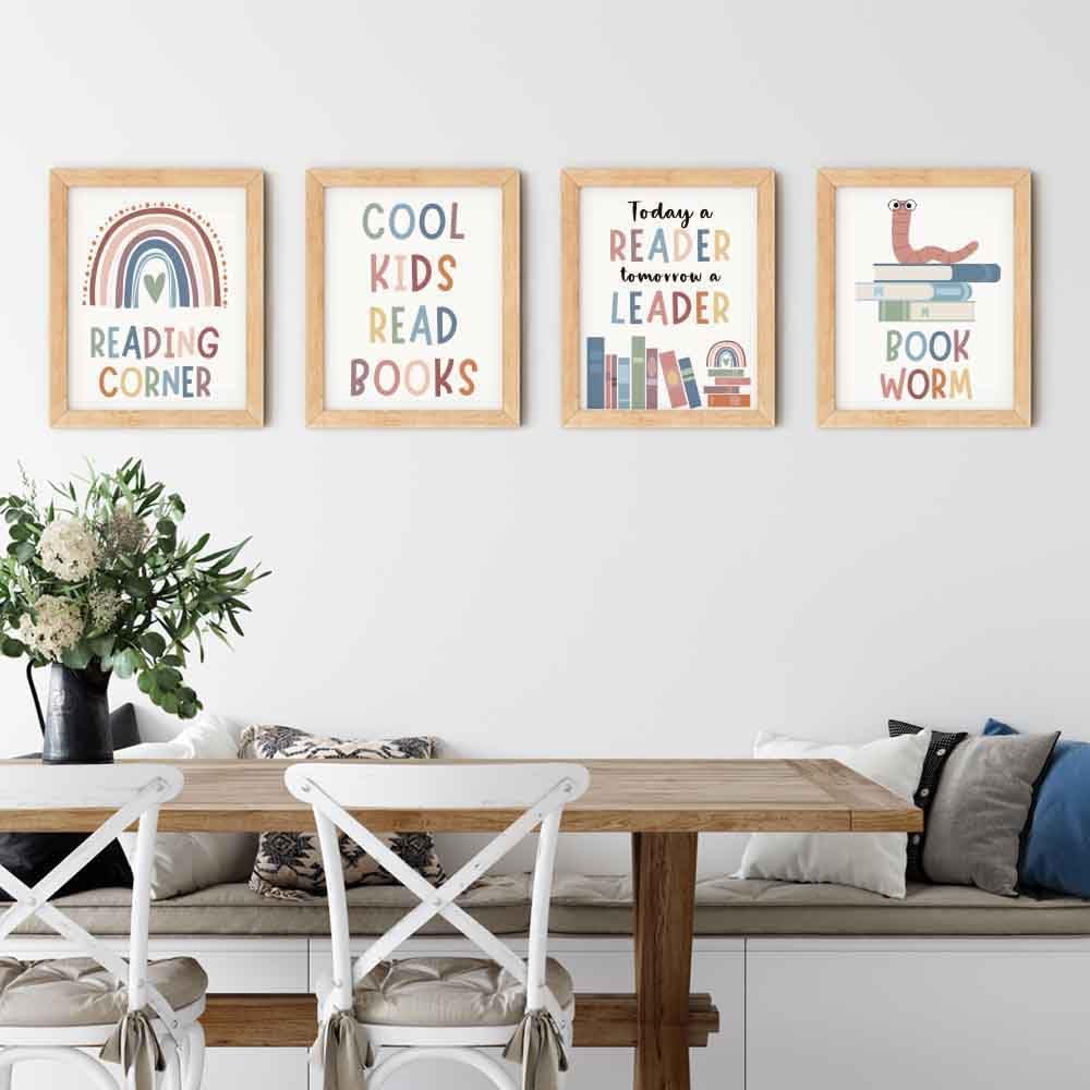 4pcs Motivational Reading Posters Wall Art Prints Decor For Classroom Read Corner School Nursery Library - Cool Kids Read Book, Boho Bulletin Decorations for Kids Reading Nook 8x10in, Unframe
