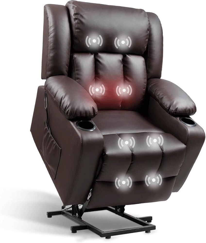 Electric Power Lift Recliner Chair for Seniors with Heat & Massage, Ergonomic PU Leather Sofa Recliner with Cup Holders, Side Pockets, Adjustable Back & Footrest for Living Room Comfort