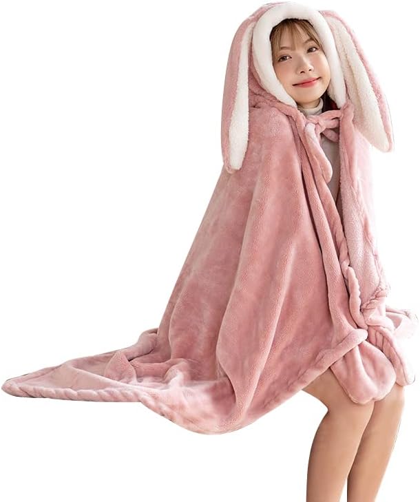 Holiberty Womens Hooded Throw Blanket Cute Buuny Ears Cozy Flannel Pockets Shawl Wrap Warm Cape Oversized Wearable Blanket