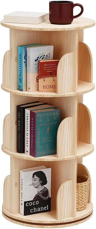 Solid Wood Rotating Bookshelf, 3-Tier 360° Spinning Bookcase Tower, Stackable Adjustable Book Shelf Organizer for Small Spaces, Corner Standing Storage for Home Office, Living Room & Kids Room