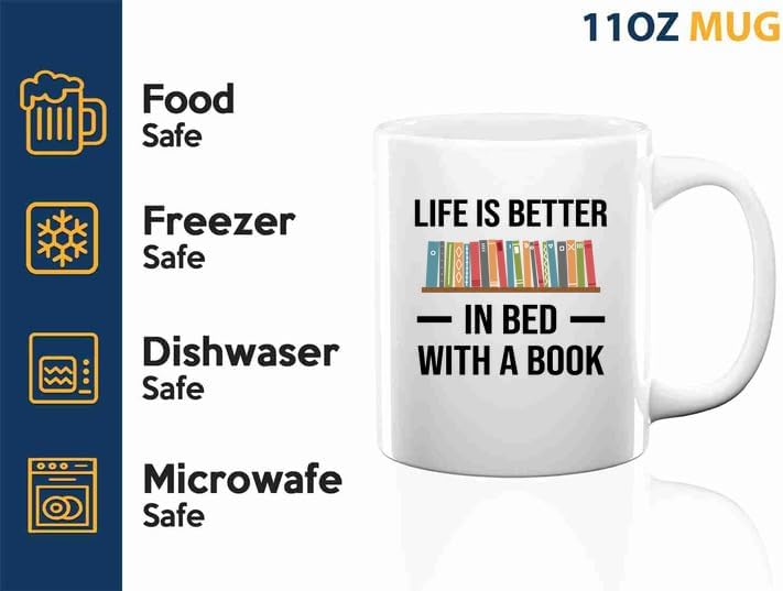 Book Lover Coffee Mug 11oz White -bed with book - Book Lovers Gifts Book Reader Gifts Book Club Gifts Book Reading Cup Reading Gifts