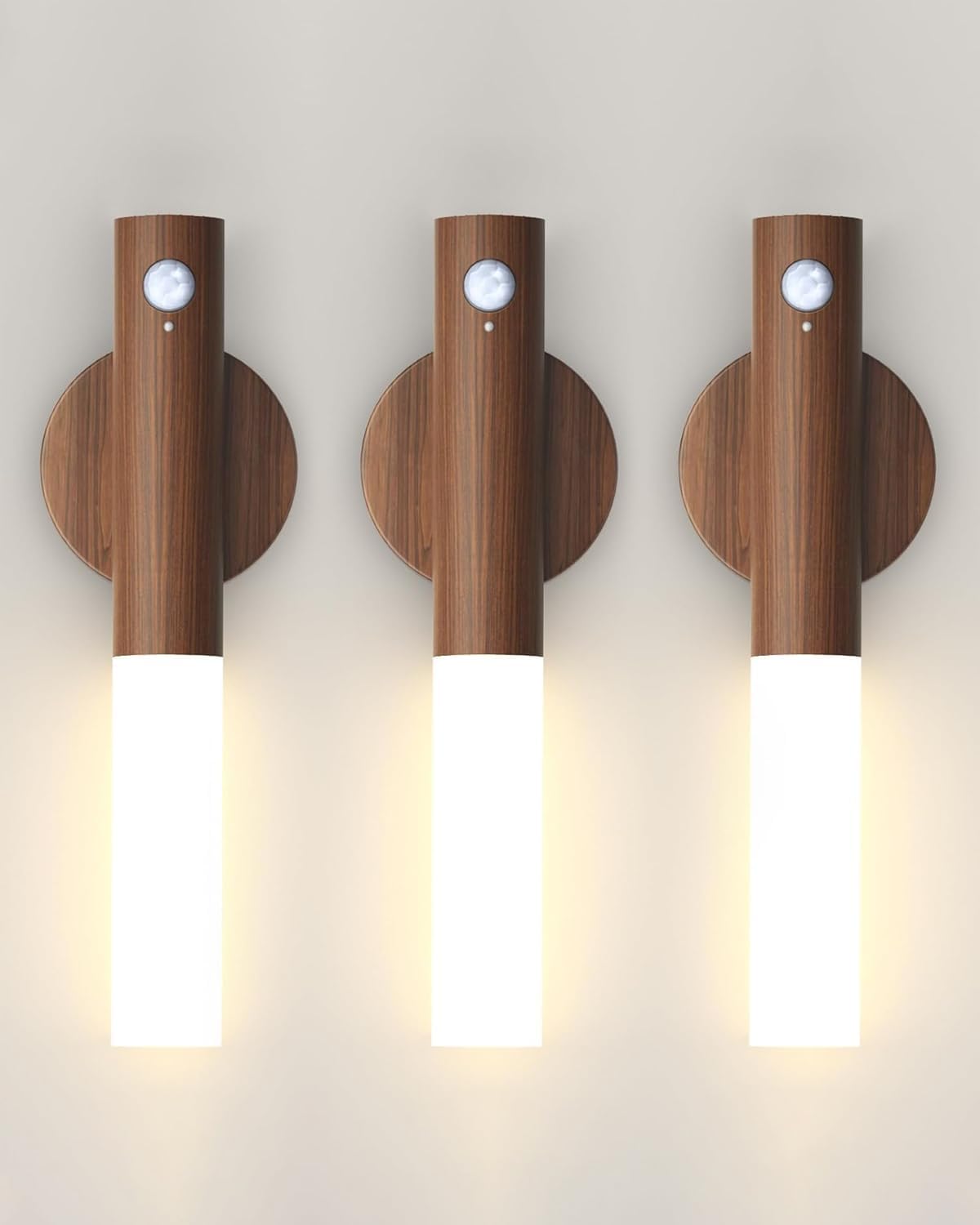 Battery-Operated Motion Sensor Night Lights: 2200mAh Rechargeable Wall Sconces Magnetic Wall Lights Wireless Stairway Lights Portable Hallway Light Wooden Wall Lighting for Bedroom Stair Picture