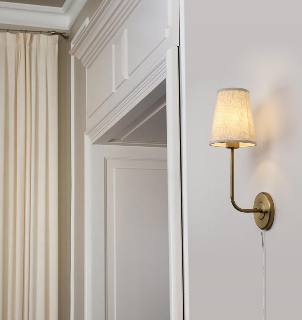 Pathson Plug in Fabric Wall Sconce Linen Cloth Shade, 1-Light Vintage Wall Light Fixture for Living Room Bedroom