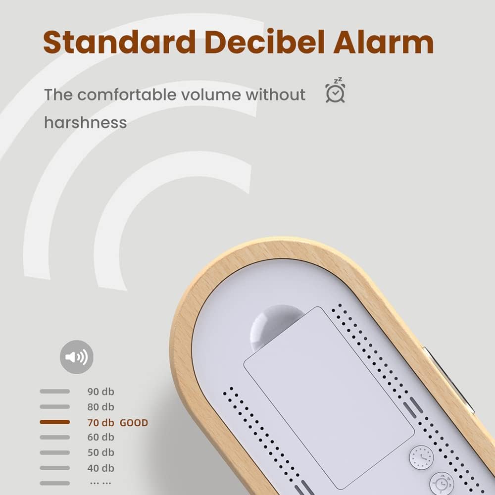 LANRU Beech Wood Digital Clock Dual Alarm Snooze USB Alarm Clock Table Thermometer Electronic LED Wooden Desk Clock 4-Level Brightness for Living Room Office