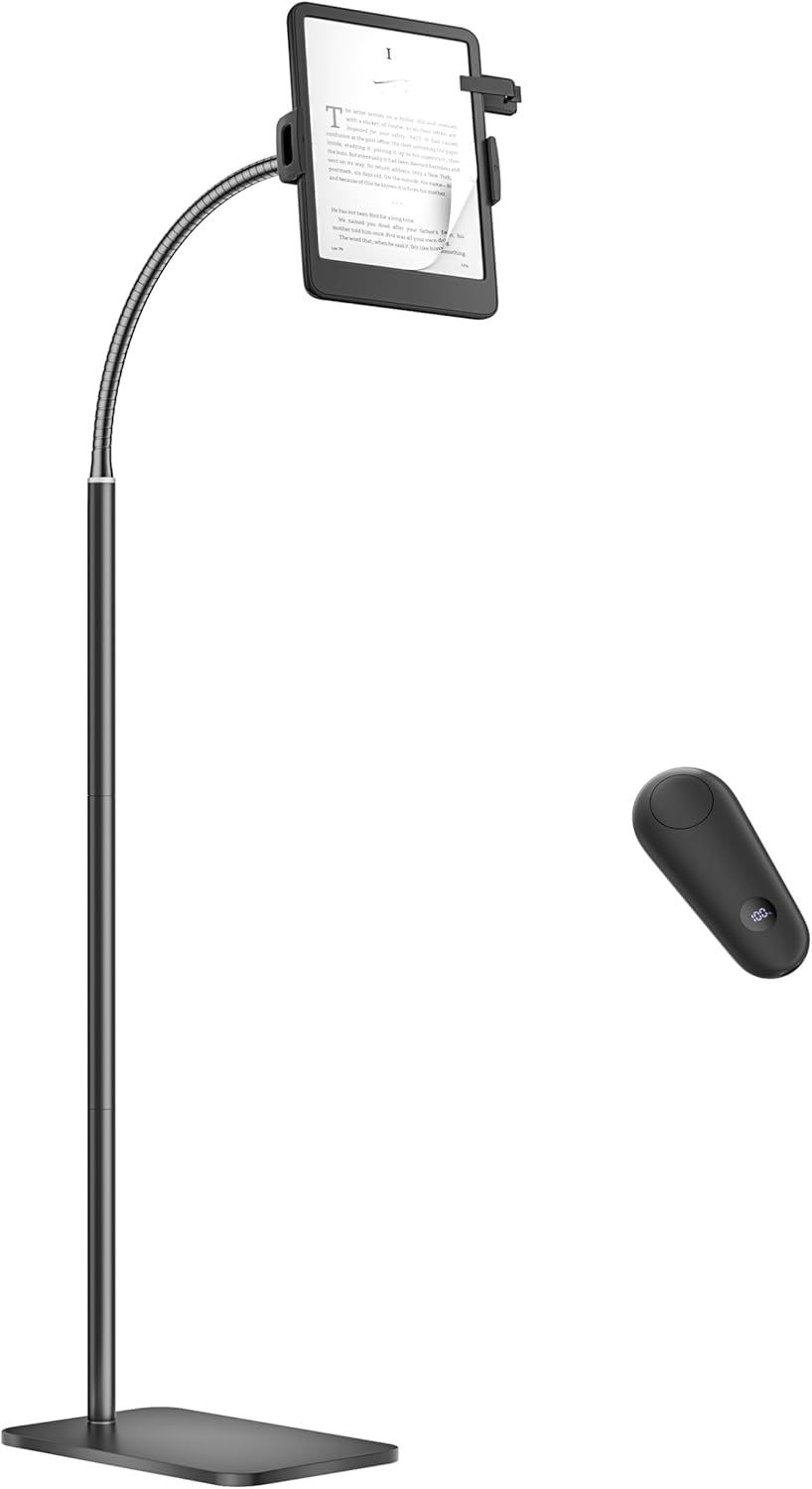 Kindle Stand Floor with Remote Page Turner for Reading in Bed, Tablet Stand Holder with Adjustable Gooseneck, Compatible with Kindle Accessories/Paperwhite, Hands Free Use Gifts for Readers