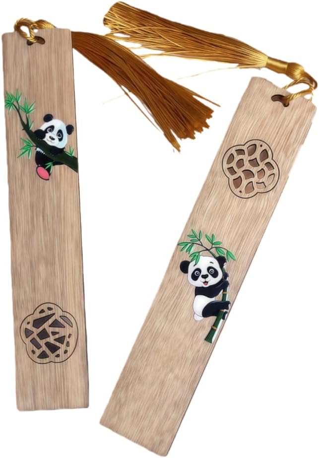 2pcs Wooden Bookmark,Personalized Page Markers 5.71"x1.18" Wooden Bookmark Set Book Accessories, Hollowed Panda Pattern with Pendant Text Book Marker Perfect Gift for Adults Students