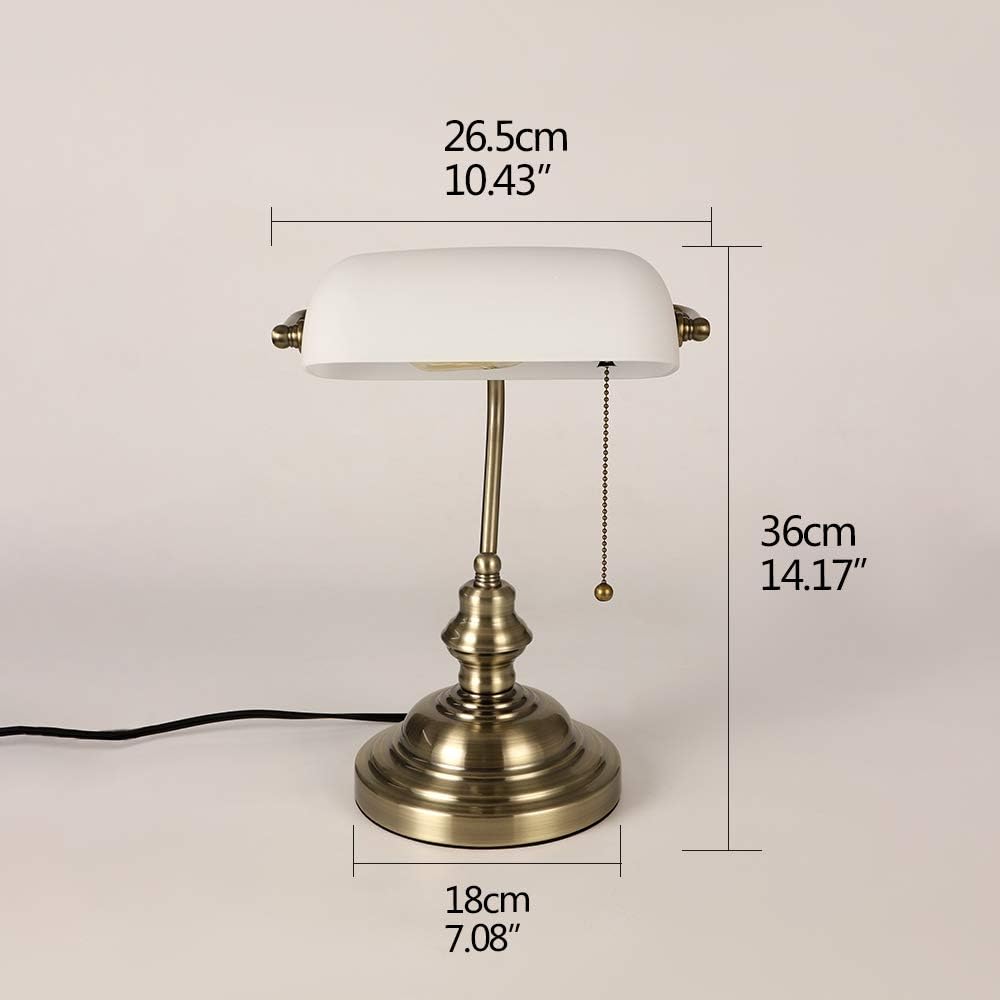 Newrays Glass Bankers Desk Lamp with Pull Chain Switch Plug in Fixture,Satin Brass Finish (White)