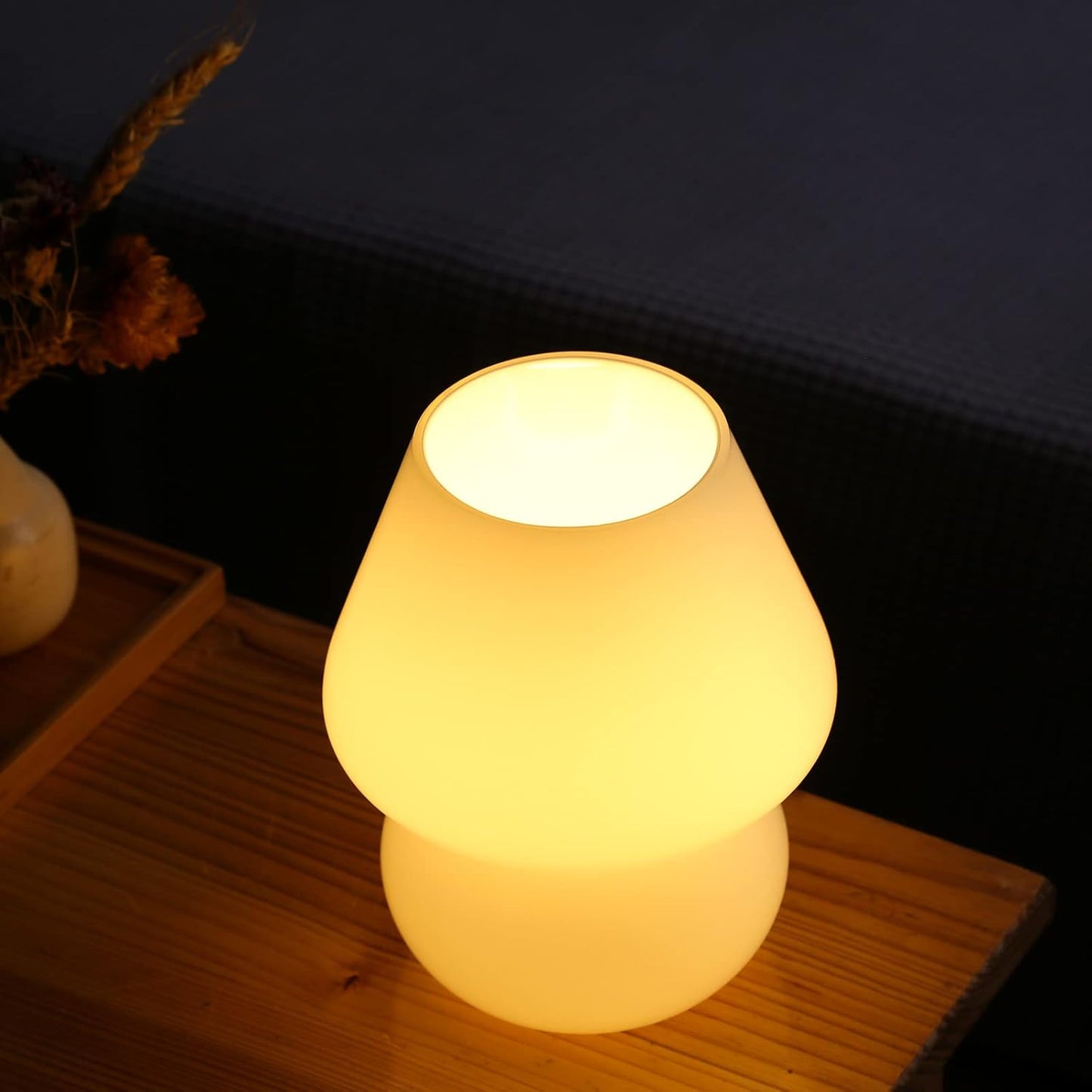 BSOD Mushroom lamp,Glass Mushroom Bedside Table Lamp Translucent Murano Vintage Style Striped Small Nightstand Desklamp Swirl Light for Home Decor, Dining, Living, Bedroom, Gift (Matte White)