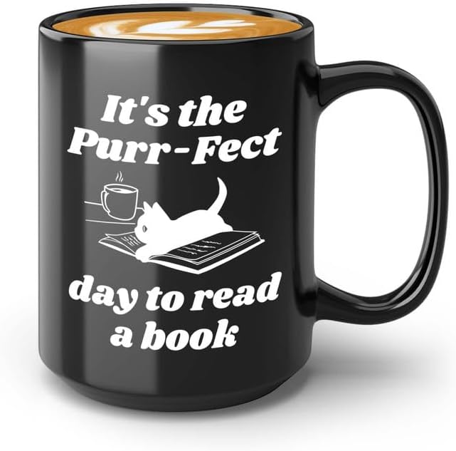 Reading Coffee Mug 15oz Black - Purr-fect Day Read a Book - Reader Gift Bookworm Owl Lover Cat Lover Book Lover Novelist Librarian Writer