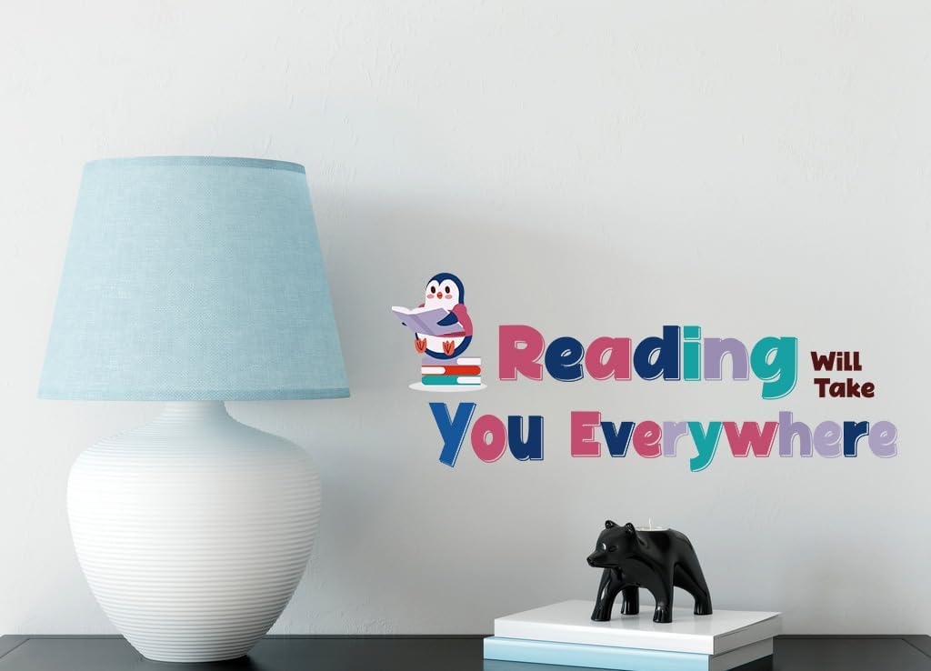 Reading Theme Wall Decal,Will Take You Everywhere Motivational Quotes Wall Stickers, Penguin Decor Inspirational Saying Vinyl Removable Wall Art for Classroom School Kid’s Room Library