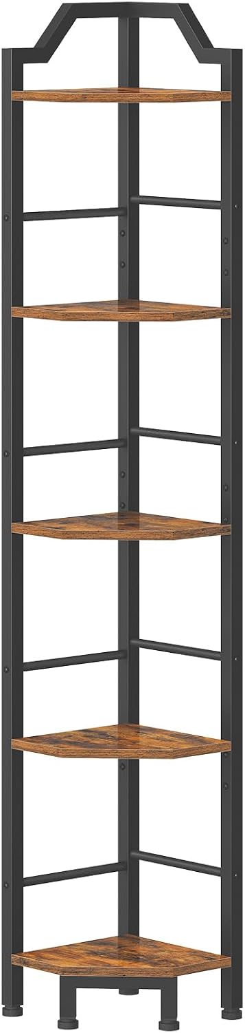 HOOBRO Narrow Corner Shelf Stand, 5-Tier Corner Shelf, 63” Tall Multipurpose Corner Bookshelf, Standing Display Shelf Plant Stand, for Living Room, Study, Kitchen, Rustic Brown and Black BF100CJ01