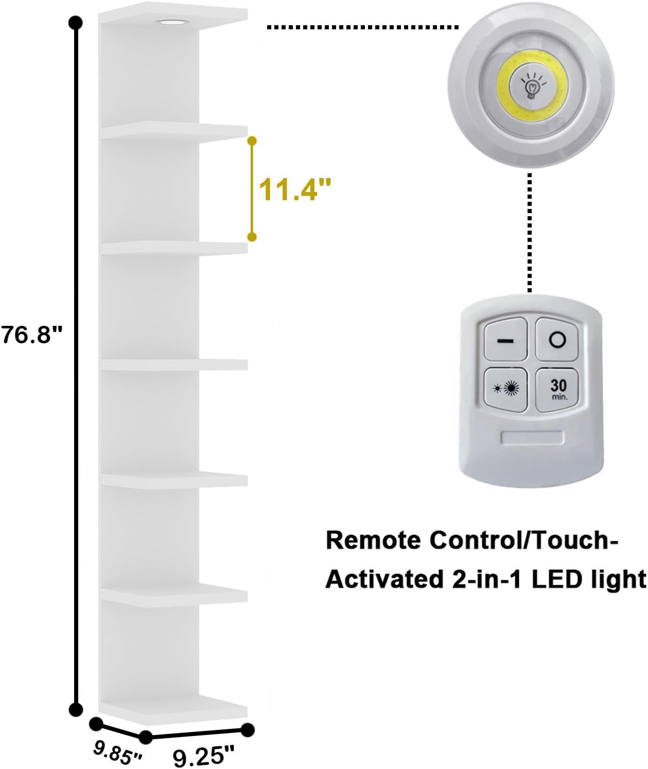 Versatile 7 Tier Wall Shelf Unit,White Lack Wall Shelf,Display Floating Shelf with LED Remote Control Light