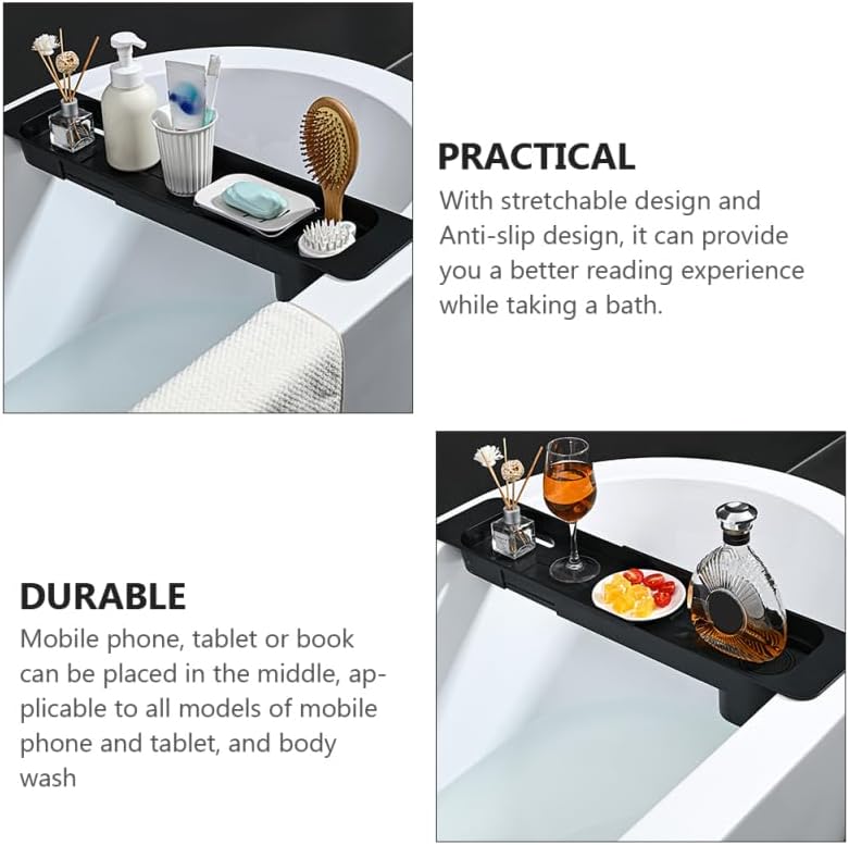 Black Tub Tray for Bathtub Expandable 29.5in Telescopic Bathtub Storage Rack with Wine Cups Holder Anti-Slip Design Multifunction Plastic Serving Tray Bathroom Accessories