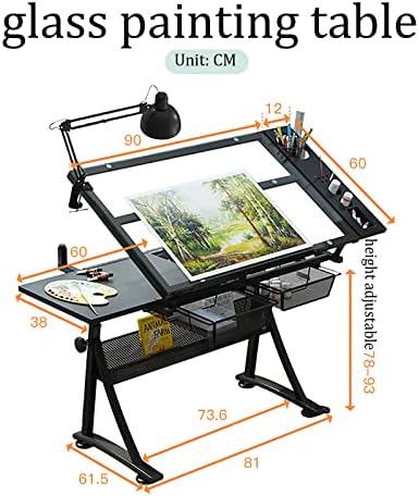 Drawing Tilting Tablet,Drafting Desk, Glass Top Drafting Table, Height Adjustable Drawing Desk Art Table, Tiltable Tabletop Art Craft Desk Paintings Work Station, 2 Drawers,