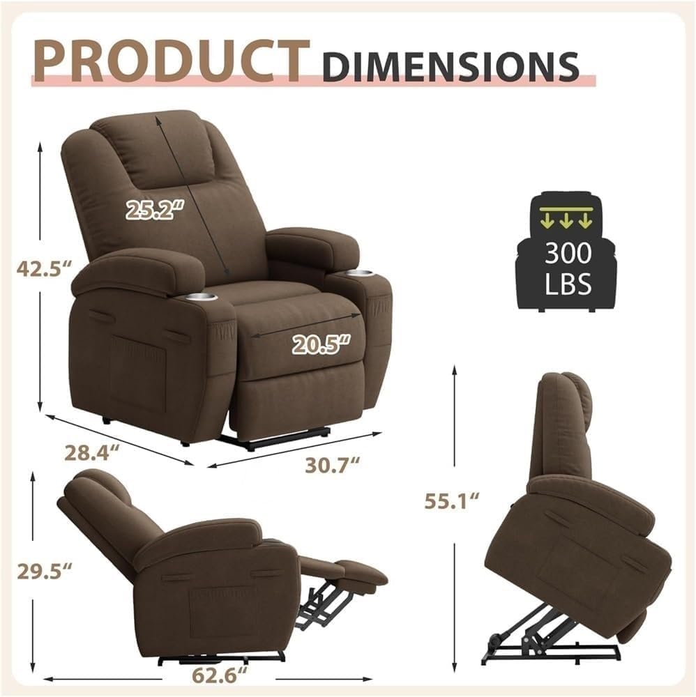 Fabric Electric Lift Recliner Sofa for Seniors Adjustable Power Recliner with Heat & Massage, Dual Cup Holders, Side Storage Pockets, USB Charging, Ergonomic Chair for Bedroom or Living Room