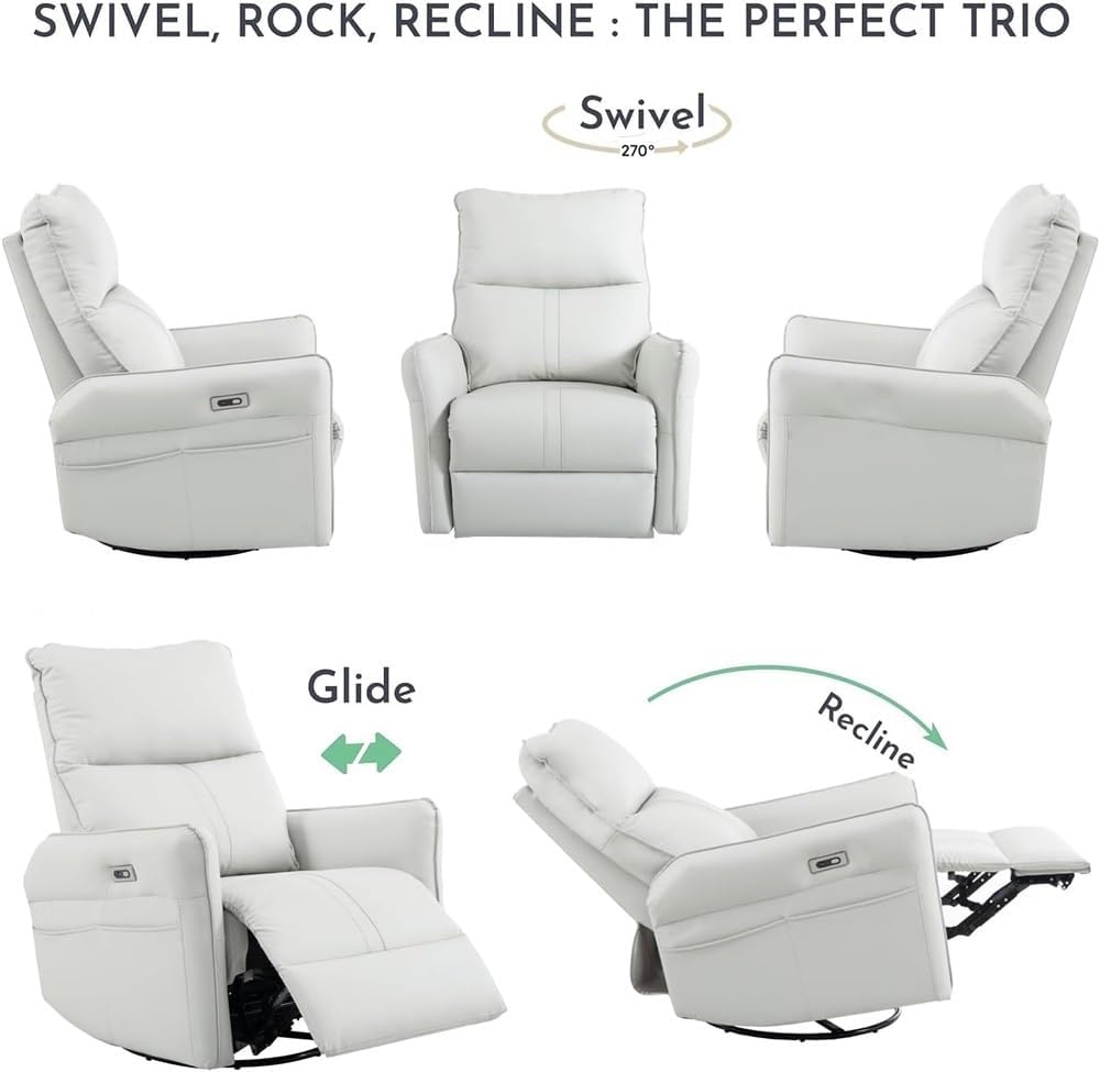 Overstuffed Swivel Rocker Power Recliner Chair with USB Ports, Luxurious Breathable PU Leather Nursery Glider, Modern Electric Single Sofa for Living Room & Bedroom