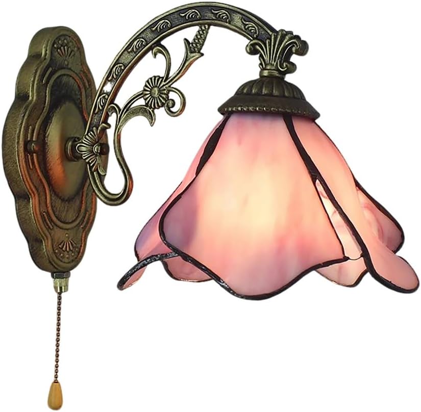Solid Color Blue Pink Stained Glass Wall Sconce Lamp with Pull Chain Switch, Tiffany Style Vintage Wall Light for Bathroom Vanity Bedroom Bedside Reading Hallway Garage,Pink
