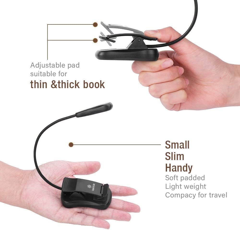 Vekkia 3000K Warm LED Rechargeable Book Light, Easy for Eyes, Clip on Reading Lights for Books in Bed, Car & Travel, Lightweight Slim 2.1 oz. Great for Readers