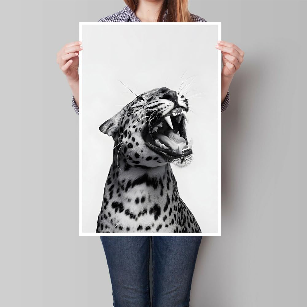 Funny Animal Posters Black and White Leopard Roaring Wall Art Vintage Cheetah Decor Trendy Print Canvas Eclectic Wildlife Aesthetic Prints for Living Room Bedroom Bathroom Poster 16x24in Unframed