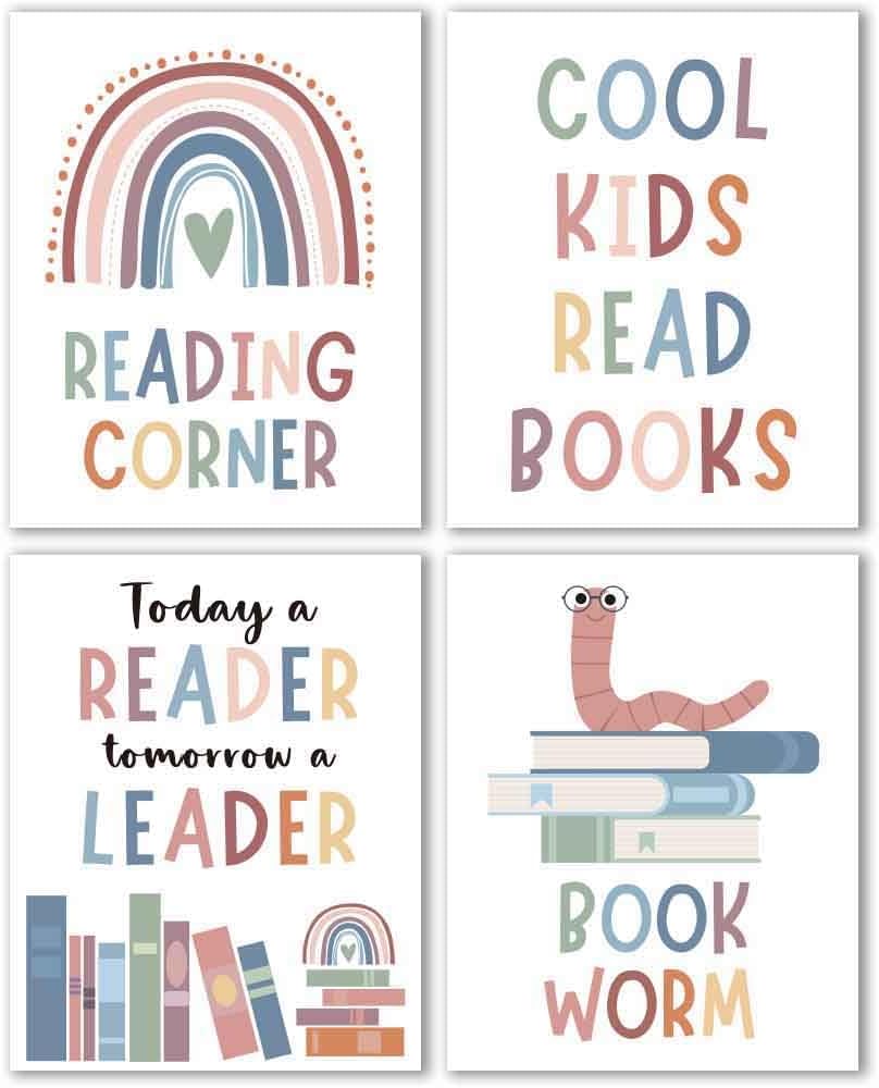 4pcs Motivational Reading Posters Wall Art Prints Decor For Classroom Read Corner School Nursery Library - Cool Kids Read Book, Boho Bulletin Decorations for Kids Reading Nook 8x10in, Unframe