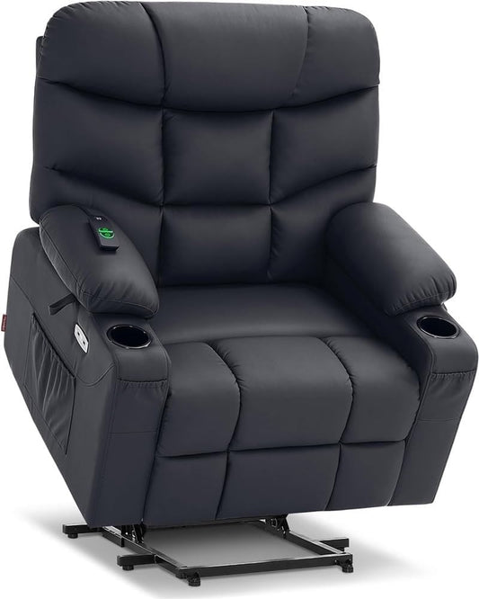 Wide Power Lift Recliner Chair with Extended Footrest for Elderly, Comfortable Black Leather Electric Recliner for Adults, Home Theater Seating Sofa Chair