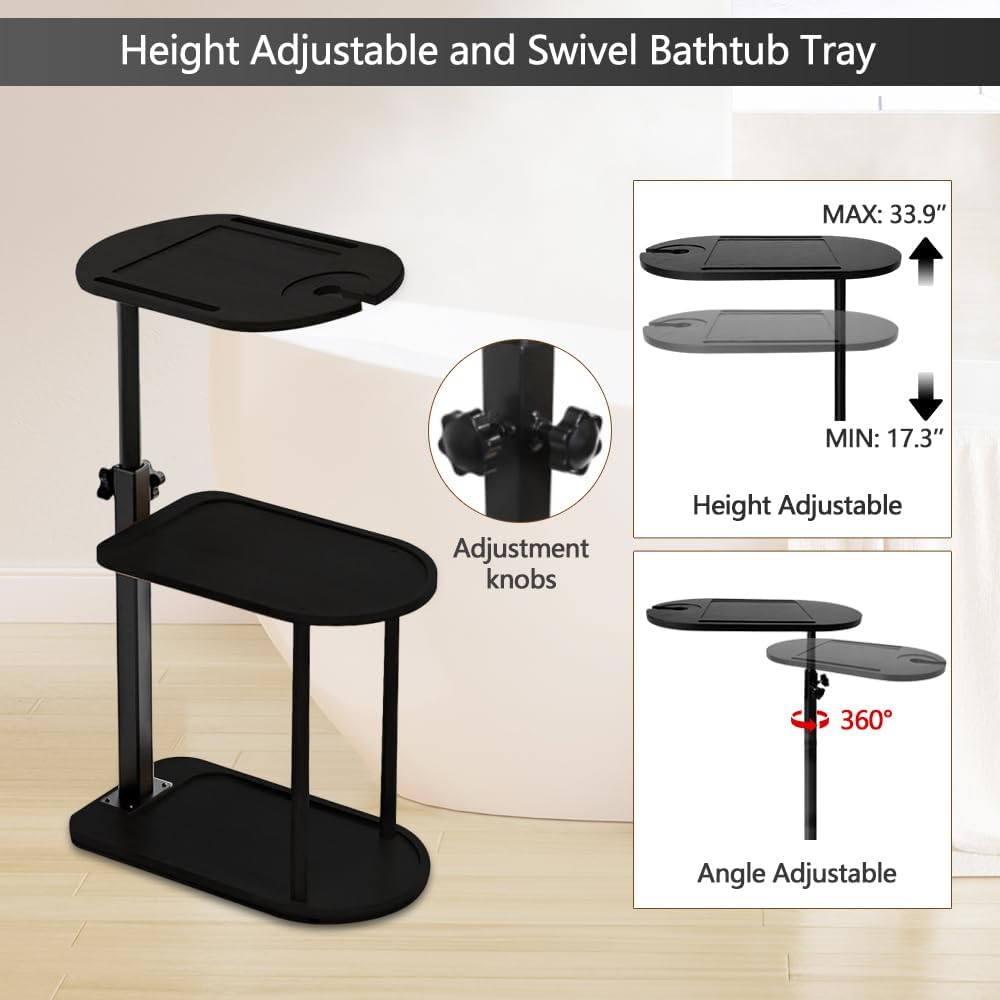 3 Layer Bathtub Tray Table,Bamboo Swivel Bathtub Side Table Height Adjustable,Freestanding Bathtub Tray for Tub Against Wall,Bathtub Accessories&Bathroom Organizer for Luxury Home Spa (Black)