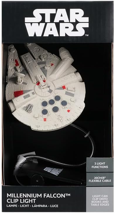 Star Wars Millennium Falcon Clip On Book Light - Officially Licensed Disney Reading Light, Clip Lamp Design with Flexible Cable, Featuring Iconic Han Solo Spaceship, 3 Light Modes, Battery Powered | P