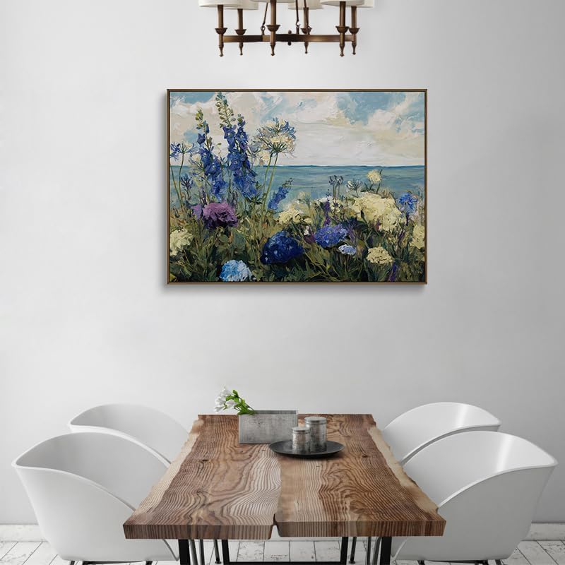 Floral Canvas Wall Art Blue Purple Flowers Ocean View Wall Decor Coastal Prints Nature Posters Abstract Painting Framed Artwork For Living Room And Bedroom And Office Space My Home Decor 16x24 Inches