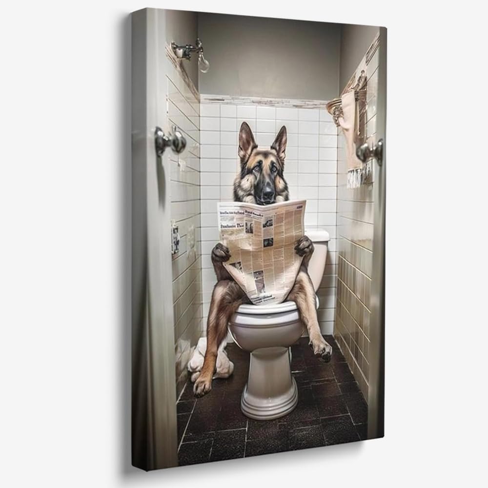 Funny Dog Bathroom Wall Decor German Shepherd Dog On Toilet Reading Newspaper Aesthetic Posters Cute Dog Art Prints Bathroom Art Bathroom Decor Bathroom Pictures Gift for Dog Lovers 16"x24"