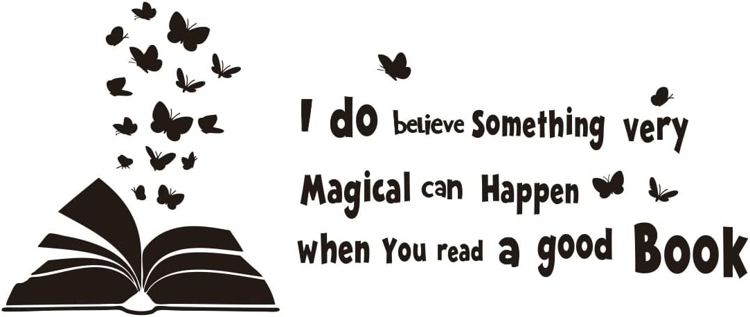 60x28 inches Reading Book Wall Decal Open Book Butterflies Reading Room Quote Wall Decoration I do Believe Something Very Magical can Happen Kids Children Study Bedroom Poster AFN03 (Black)