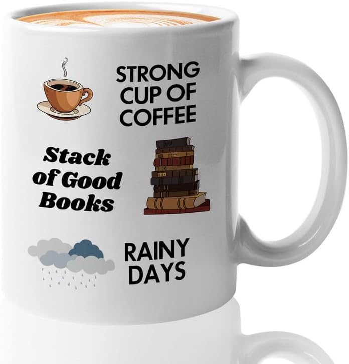 Reading Coffee Mug 11oz White - Coffee Book Rainy Days - Reader Gift Bookworm Owl Lover Cat Lover Book Lover Novelist Librarian Writer