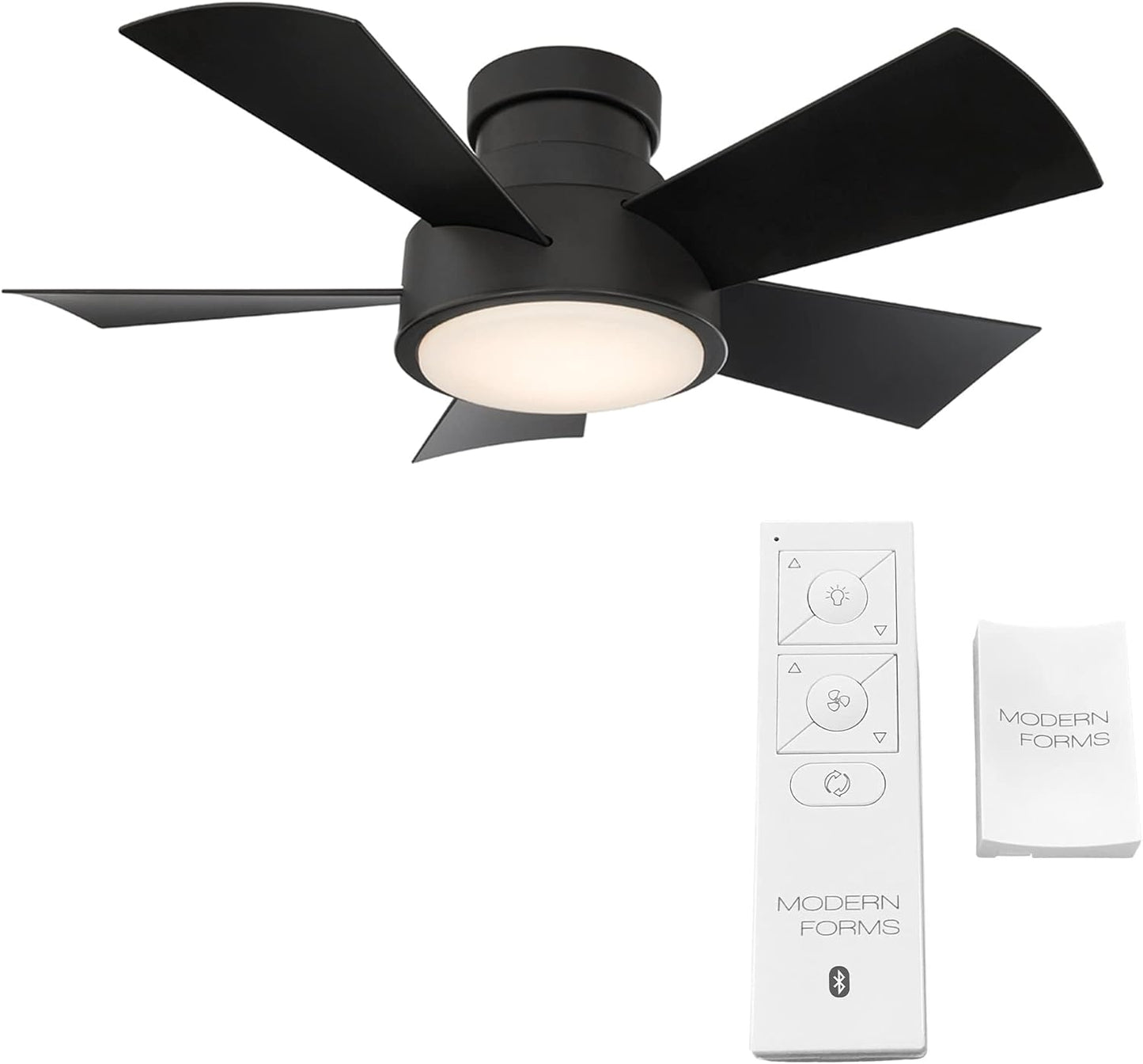 Modern Forms Vox Indoor and Outdoor 5-Blade 38in Smart Flush Mount Ceiling Fan in Matte Black with 3000K LED Light Kit and Remote Control Works with Alexa and iOS or Android App