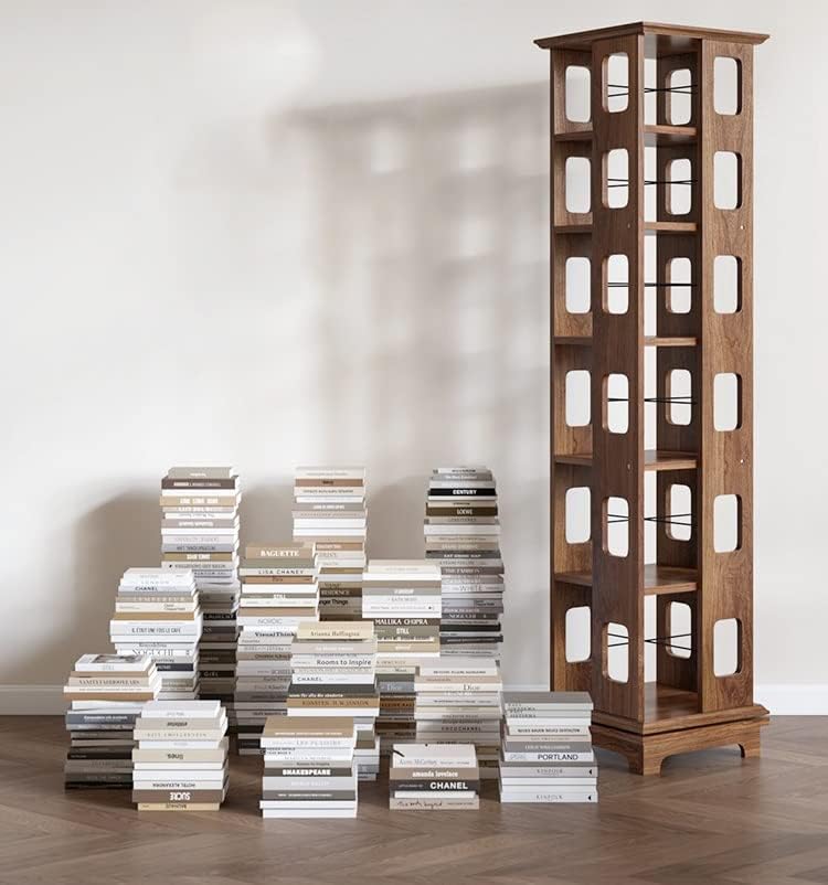 Solid Wood Rotating Bookshelf 360-degree Bookcase, Simple Space-Saving Creative Small Shelf for Living Room MINGPING (Color : 44x44x125cm Walnut Color) (44x44x132cm White)