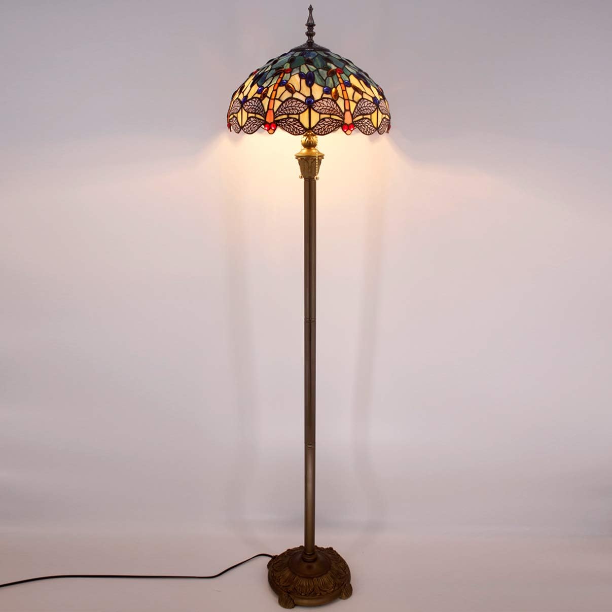 WERFACTORY Tiffany Floor Lamp Blue Yellow Stained Glass Dragonfly Standing Reading Light 16X16X64 Inches Antique Pole Corner Lamp Decor Bedroom Living Room Home Office S128 Series