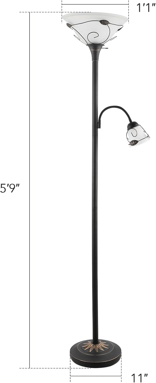 VONLUCE Torchiere Floor Lamp with Side Reading Light, 3-Way Switch Combo Antique Bronze Mother Daughter Floor Lamp with Glass Shade, 71" Desk Floor Lamp for Living Room Corner Bedroom Home Office