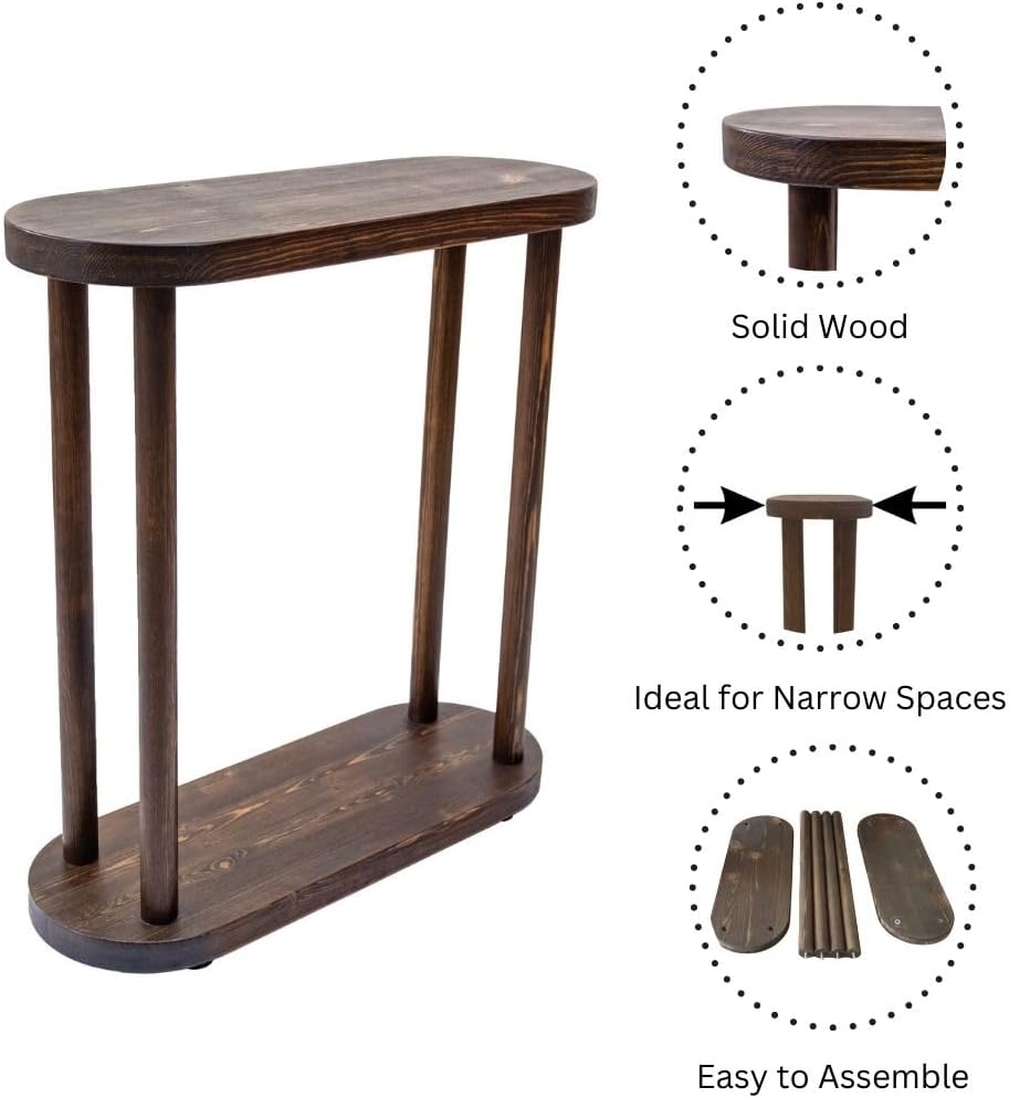 Oval Solid Wood Narrow Side Table, Slim Small Pedestal Coffee Table for Living Room, Modern Minimalist Design for Small Spaces, Recliner Drink Table (Dark Walnut, XLarge)