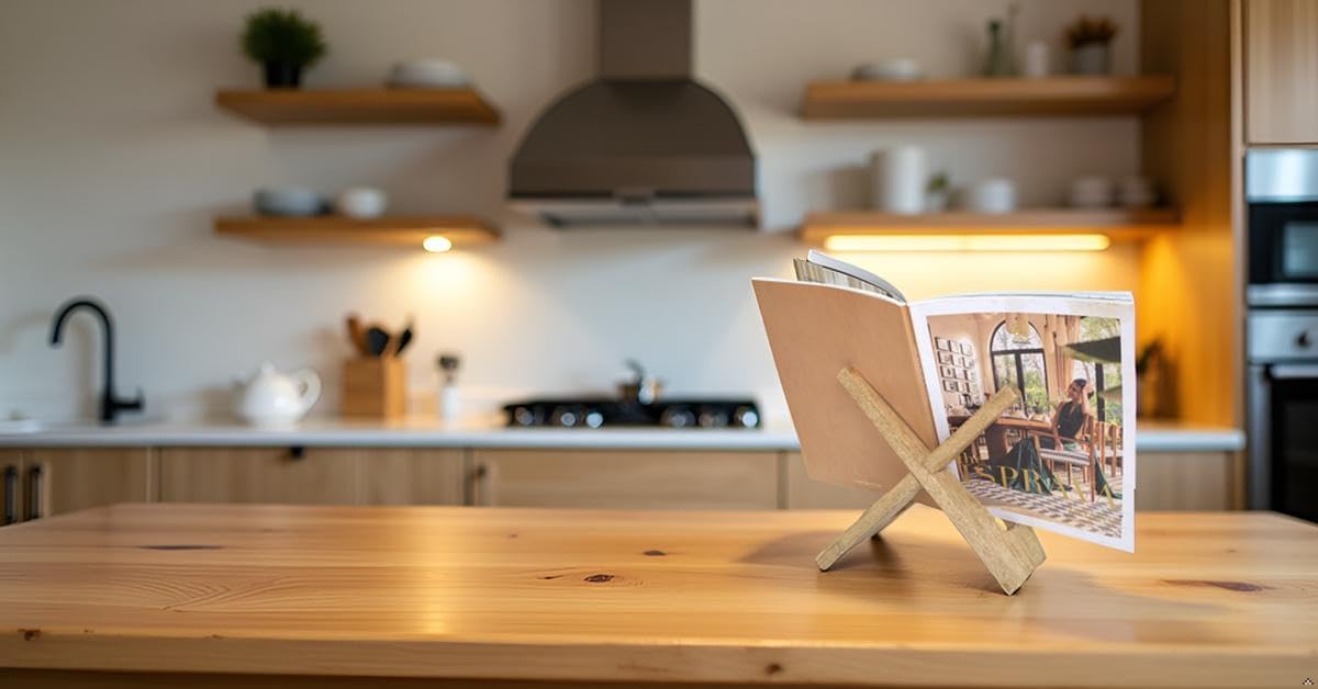 Decorative Wooden Cookbook Display Stand Recipe Book Holder For Kitchen Countertop & iPad Tablet - Handmade Country Rustic Farmhouse Style Decor For Hands Free Reading, Foldable, Brown, Gift For Chefs