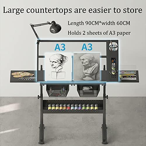 Drawing Tilting Tablet,Drawing Table Glass Drafting Table with Stool, Drawing Desk Art Table 2 Storage Drawers 71-93CM Height Adjustable 0-50° Tilting